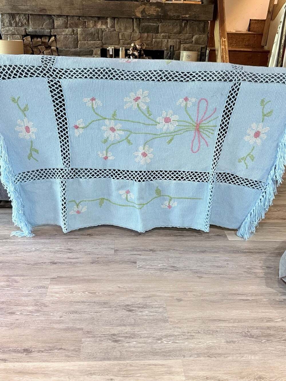 Handmade Crochet Afghan Blanket Light Blue Floral Bouquet with Fringe